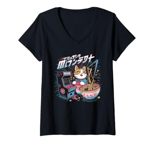 Damen Ramen Katze Tshirt Gamer Kawaii Lustiges Retro Japanische T-Shirt mit V-Ausschnitt von Retro Japanische TShirt Gaming Katze Anime Manga