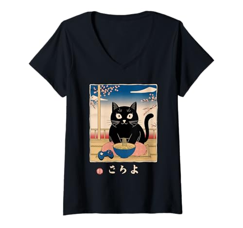 Damen Ramen Katze Tshirt Gamer Kawaii Lustiges Retro Japanische T-Shirt mit V-Ausschnitt von Retro Japanische TShirt Gaming Katze Anime Manga