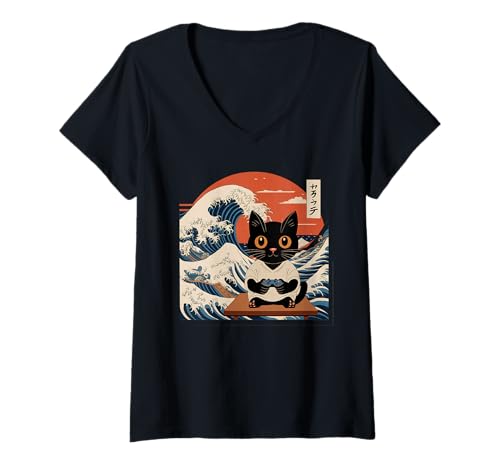 Damen Ramen Katze Tshirt Gamer Kawaii Lustiges Retro Japanische T-Shirt mit V-Ausschnitt von Retro Japanische TShirt Gaming Katze Anime Manga