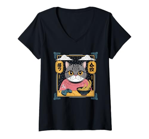 Damen Ramen Katze Tshirt Gamer Kawaii Lustiges Retro Japanische T-Shirt mit V-Ausschnitt von Retro Japanische TShirt Gaming Katze Anime Manga