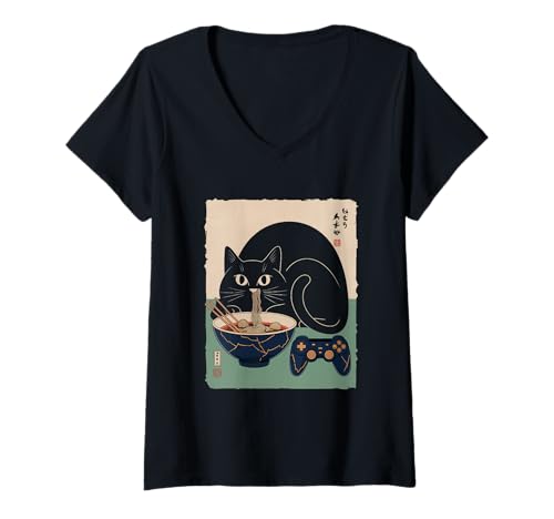 Damen Ramen Katze Tshirt Gamer Kawaii Lustiges Retro Japanische T-Shirt mit V-Ausschnitt von Retro Japanische TShirt Gaming Katze Anime Manga