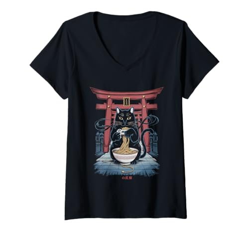 Damen Ramen Katze Tshirt Gamer Kawaii Lustiges Retro Japanische T-Shirt mit V-Ausschnitt von Retro Japanische TShirt Gaming Katze Anime Manga