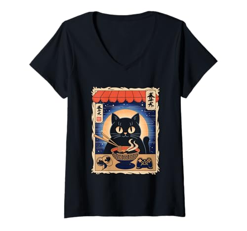 Damen Ramen Katze Tshirt Gamer Kawaii Lustiges Retro Japanische T-Shirt mit V-Ausschnitt von Retro Japanische TShirt Gaming Katze Anime Manga