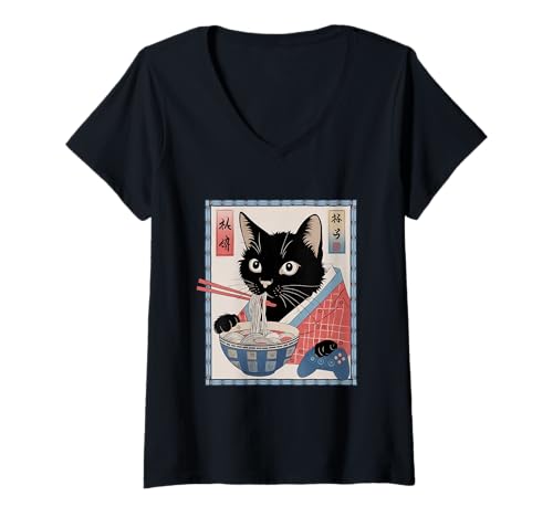 Damen Ramen Katze Tshirt Gamer Kawaii Lustiges Retro Japanische T-Shirt mit V-Ausschnitt von Retro Japanische TShirt Gaming Katze Anime Manga