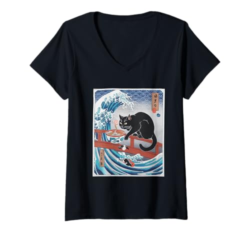 Damen Ramen Katze Tshirt Gamer Kawaii Lustiges Retro Japanische T-Shirt mit V-Ausschnitt von Retro Japanische TShirt Gaming Katze Anime Manga