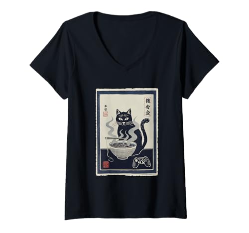 Damen Ramen Katze Tshirt Gamer Kawaii Lustiges Retro Japanische T-Shirt mit V-Ausschnitt von Retro Japanische TShirt Gaming Katze Anime Manga