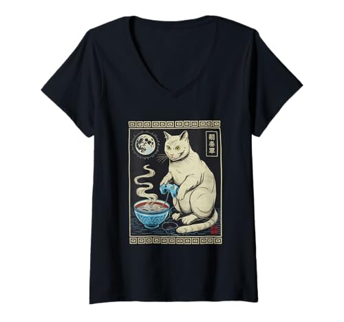 Damen Ramen Katze Tshirt Gamer Kawaii Lustiges Retro Japanische T-Shirt mit V-Ausschnitt von Retro Japanische TShirt Gaming Katze Anime Manga