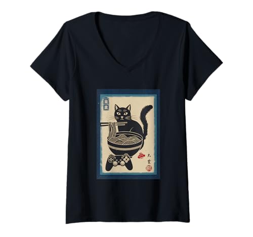 Damen Ramen Katze Tshirt Gamer Kawaii Lustiges Retro Japanische T-Shirt mit V-Ausschnitt von Retro Japanische TShirt Gaming Katze Anime Manga
