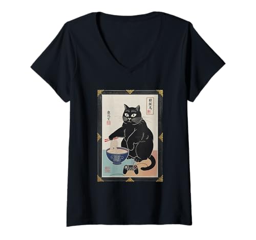 Damen Ramen Katze Tshirt Gamer Kawaii Lustiges Retro Japanische T-Shirt mit V-Ausschnitt von Retro Japanische TShirt Gaming Katze Anime Manga