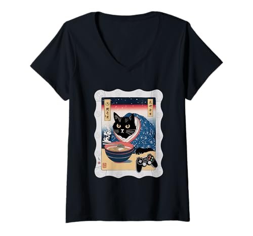 Damen Ramen Katze Tshirt Gamer Kawaii Lustiges Retro Japanische T-Shirt mit V-Ausschnitt von Retro Japanische TShirt Gaming Katze Anime Manga