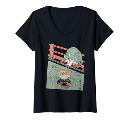 Damen Ramen Katze Tshirt Gamer Kawaii Lustiges Retro Japanische T-Shirt mit V-Ausschnitt von Retro Japanische TShirt Gaming Katze Anime Manga
