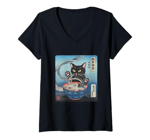 Damen Ramen Katze Tshirt Gamer Kawaii Lustiges Retro Japanische T-Shirt mit V-Ausschnitt von Retro Japanische TShirt Gaming Katze Anime Manga