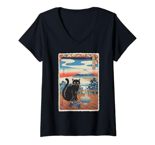 Damen Ramen Katze Tshirt Gamer Kawaii Lustiges Retro Japanische T-Shirt mit V-Ausschnitt von Retro Japanische TShirt Gaming Katze Anime Manga