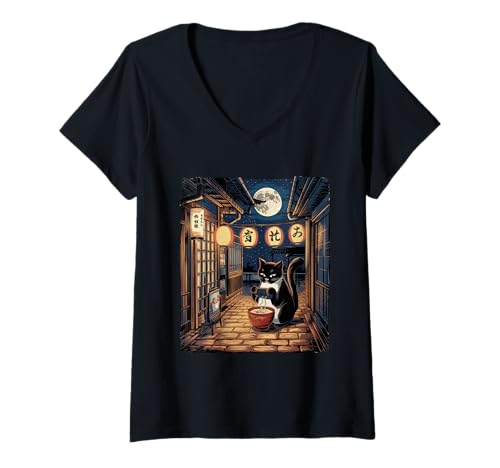 Damen Ramen Katze Tshirt Gamer Kawaii Lustiges Retro Japanische T-Shirt mit V-Ausschnitt von Retro Japanische TShirt Gaming Katze Anime Manga
