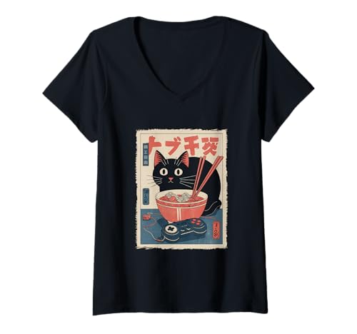 Damen Ramen Katze Tshirt Gamer Kawaii Lustiges Retro Japanische T-Shirt mit V-Ausschnitt von Retro Japanische TShirt Gaming Katze Anime Manga