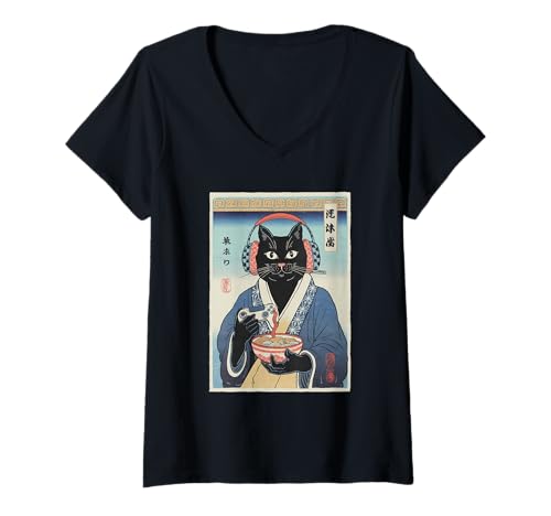 Damen Ramen Katze Tshirt Gamer Kawaii Lustiges Retro Japanische T-Shirt mit V-Ausschnitt von Retro Japanische TShirt Gaming Katze Anime Manga