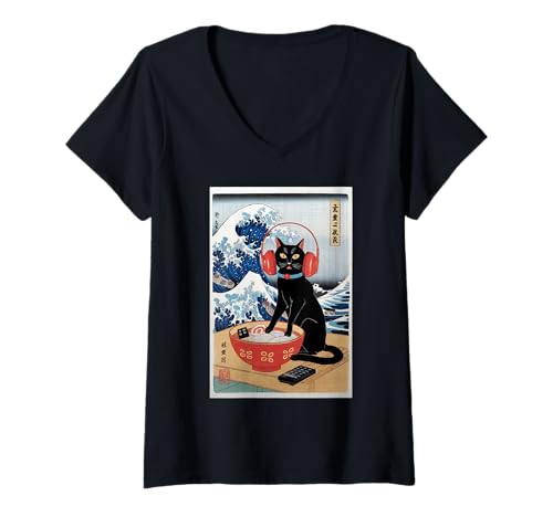 Damen Ramen Katze Tshirt Gamer Kawaii Lustiges Retro Japanische T-Shirt mit V-Ausschnitt von Retro Japanische TShirt Gaming Katze Anime Manga
