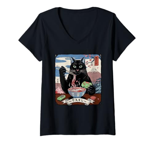 Damen Ramen Katze Tshirt Gamer Kawaii Lustiges Retro Japanische T-Shirt mit V-Ausschnitt von Retro Japanische TShirt Gaming Katze Anime Manga