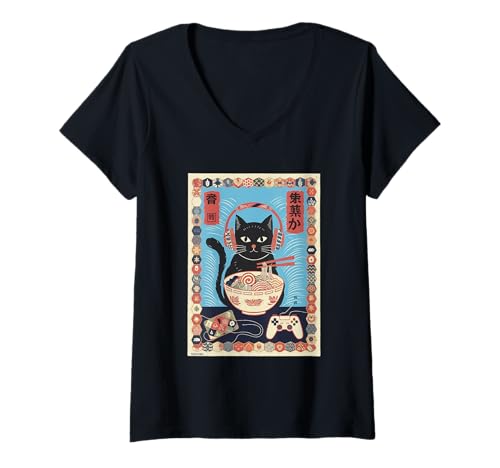 Damen Ramen Katze Tshirt Gamer Kawaii Lustiges Retro Japanische T-Shirt mit V-Ausschnitt von Retro Japanische TShirt Gaming Katze Anime Manga
