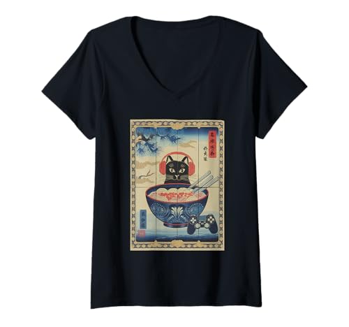 Damen Ramen Katze Tshirt Gamer Kawaii Lustiges Retro Japanische T-Shirt mit V-Ausschnitt von Retro Japanische TShirt Gaming Katze Anime Manga