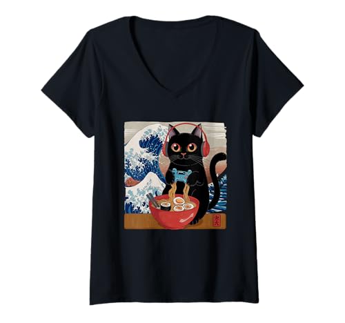 Damen Ramen Katze Tshirt Gamer Kawaii Lustiges Retro Japanische T-Shirt mit V-Ausschnitt von Retro Japanische TShirt Gaming Katze Anime Manga