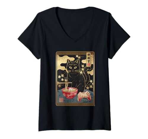 Damen Ramen Katze Tshirt Gamer Kawaii Lustiges Retro Japanische T-Shirt mit V-Ausschnitt von Retro Japanische TShirt Gaming Katze Anime Manga
