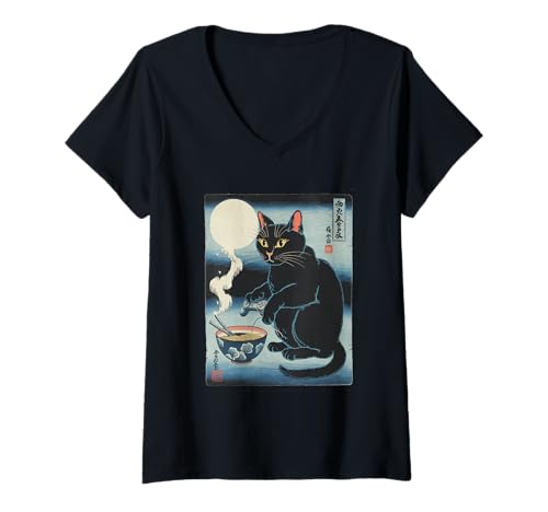 Damen Ramen Katze Tshirt Gamer Kawaii Lustiges Retro Japanische T-Shirt mit V-Ausschnitt von Retro Japanische TShirt Gaming Katze Anime Manga