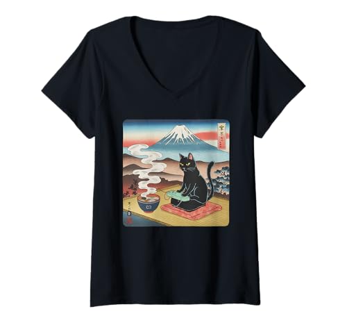 Damen Ramen Katze Tshirt Gamer Kawaii Lustiges Retro Japanische T-Shirt mit V-Ausschnitt von Retro Japanische TShirt Gaming Katze Anime Manga