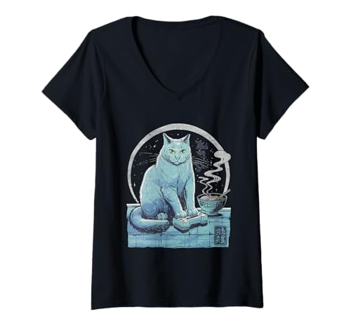 Damen Ramen Katze Tshirt Gamer Kawaii Lustiges Retro Japanische T-Shirt mit V-Ausschnitt von Retro Japanische TShirt Gaming Katze Anime Manga