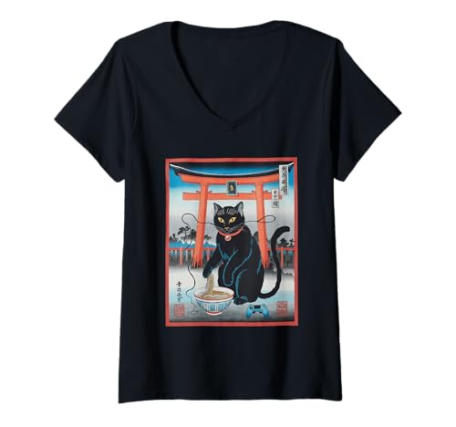 Damen Ramen Katze Tshirt Gamer Kawaii Lustiges Retro Japanische T-Shirt mit V-Ausschnitt von Retro Japanische TShirt Gaming Katze Anime Manga