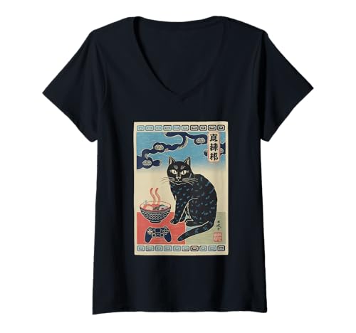 Damen Ramen Katze Tshirt Gamer Kawaii Lustiges Retro Japanische T-Shirt mit V-Ausschnitt von Retro Japanische TShirt Gaming Katze Anime Manga