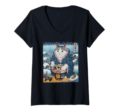 Damen Ramen Katze Tshirt Gamer Kawaii Lustiges Retro Japanische T-Shirt mit V-Ausschnitt von Retro Japanische TShirt Gaming Katze Anime Manga