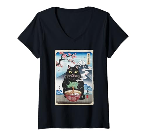 Damen Ramen Katze Tshirt Gamer Kawaii Lustiges Retro Japanische T-Shirt mit V-Ausschnitt von Retro Japanische TShirt Gaming Katze Anime Manga
