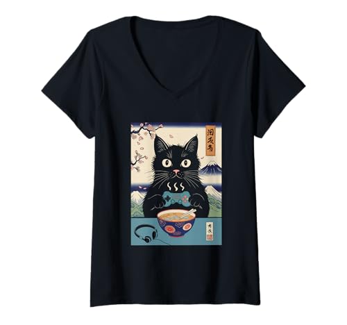 Damen Ramen Katze Tshirt Gamer Kawaii Lustiges Retro Japanische T-Shirt mit V-Ausschnitt von Retro Japanische TShirt Gaming Katze Anime Manga