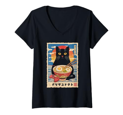 Damen Ramen Katze Tshirt Gamer Kawaii Lustiges Retro Japanische T-Shirt mit V-Ausschnitt von Retro Japanische TShirt Gaming Katze Anime Manga