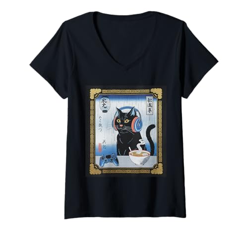 Damen Ramen Katze Tshirt Gamer Kawaii Lustiges Retro Japanische T-Shirt mit V-Ausschnitt von Retro Japanische TShirt Gaming Katze Anime Manga
