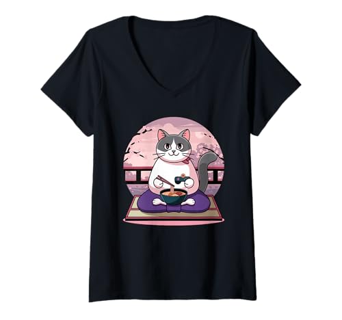 Damen Ramen Katze Tshirt Gamer Kawaii Lustiges Retro Japanische T-Shirt mit V-Ausschnitt von Retro Japanische TShirt Gaming Katze Anime Manga