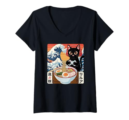Damen Ramen Katze Tshirt Gamer Kawaii Lustiges Retro Japanische T-Shirt mit V-Ausschnitt von Retro Japanische TShirt Gaming Katze Anime Manga