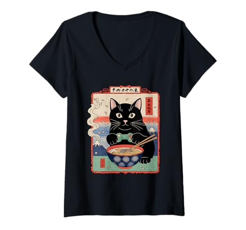Damen Ramen Katze Tshirt Gamer Kawaii Lustiges Retro Japanische T-Shirt mit V-Ausschnitt von Retro Japanische TShirt Gaming Katze Anime Manga