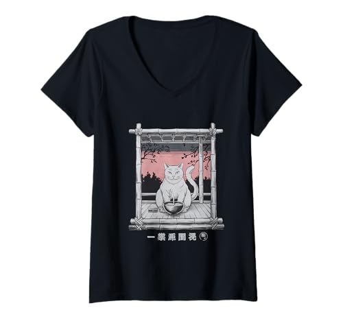 Damen Ramen Katze Tshirt Gamer Kawaii Lustiges Retro Japanische T-Shirt mit V-Ausschnitt von Retro Japanische TShirt Gaming Katze Anime Manga