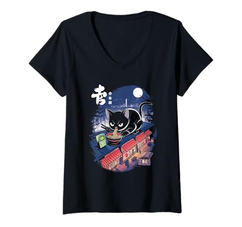 Damen Ramen Katze Tshirt Gamer Kawaii Lustiges Retro Japanische T-Shirt mit V-Ausschnitt von Retro Japanische TShirt Gaming Katze Anime Manga