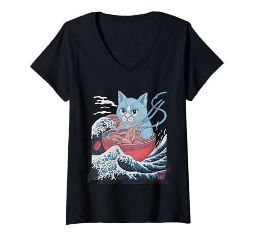 Damen Ramen Katze Tshirt Gamer Kawaii Lustiges Retro Japanische T-Shirt mit V-Ausschnitt von Retro Japanische TShirt Gaming Katze Anime Manga