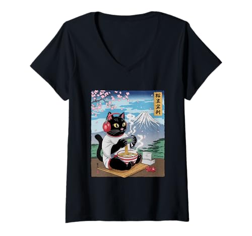 Damen Ramen Katze Tshirt Gamer Kawaii Lustiges Retro Japanische T-Shirt mit V-Ausschnitt von Retro Japanische TShirt Gaming Katze Anime Manga