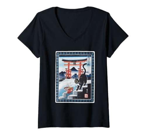 Damen Ramen Katze Tshirt Gamer Kawaii Lustiges Retro Japanische T-Shirt mit V-Ausschnitt von Retro Japanische TShirt Gaming Katze Anime Manga