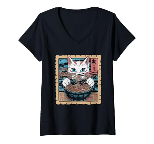 Damen Ramen Katze Tshirt Gamer Kawaii Lustiges Retro Japanische T-Shirt mit V-Ausschnitt von Retro Japanische TShirt Gaming Katze Anime Manga