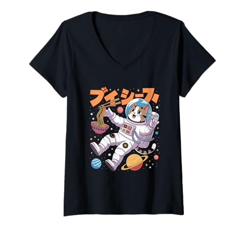 Damen Ramen Katze Tshirt Gamer Kawaii Lustiges Retro Japanische T-Shirt mit V-Ausschnitt von Retro Japanische TShirt Gaming Katze Anime Manga