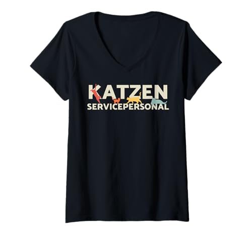 Damen Katzen Servicepersonal T-Shirt mit V-Ausschnitt von Katzen Service Personal