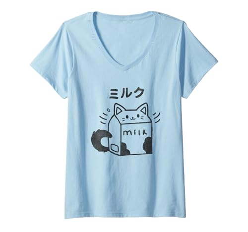 Damen Kawaii Milch Kätzchen, japanische Anime Katzen Karton T-Shirt mit V-Ausschnitt Damen Kawaii Milch Kätzchen, japanische Anime Katzen Karton T-Shirt mit V-Ausschnitt von Retro Kawaii Katze Milchkarton