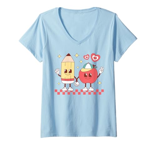Damen Niedlicher Retro-Bleistift, Apfel mit Gesicht, trendig T-Shirt mit V-Ausschnitt von Retro Kawaii School Teacher Student Cartoon Shirts
