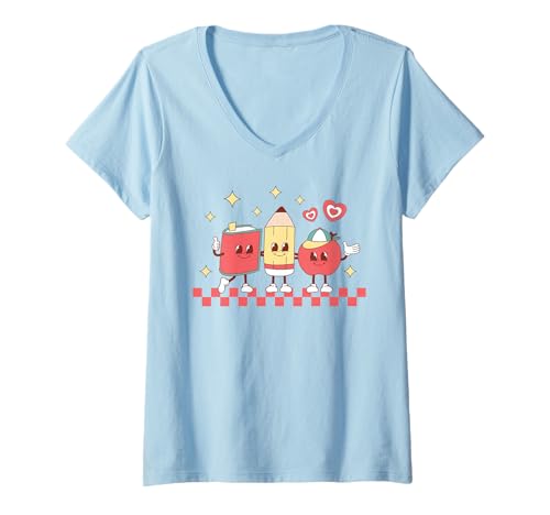 Damen Niedlicher Retro-Bleistift, Apfel mit Gesicht, trendig T-Shirt mit V-Ausschnitt von Retro Kawaii School Teacher Student Cartoon Shirts
